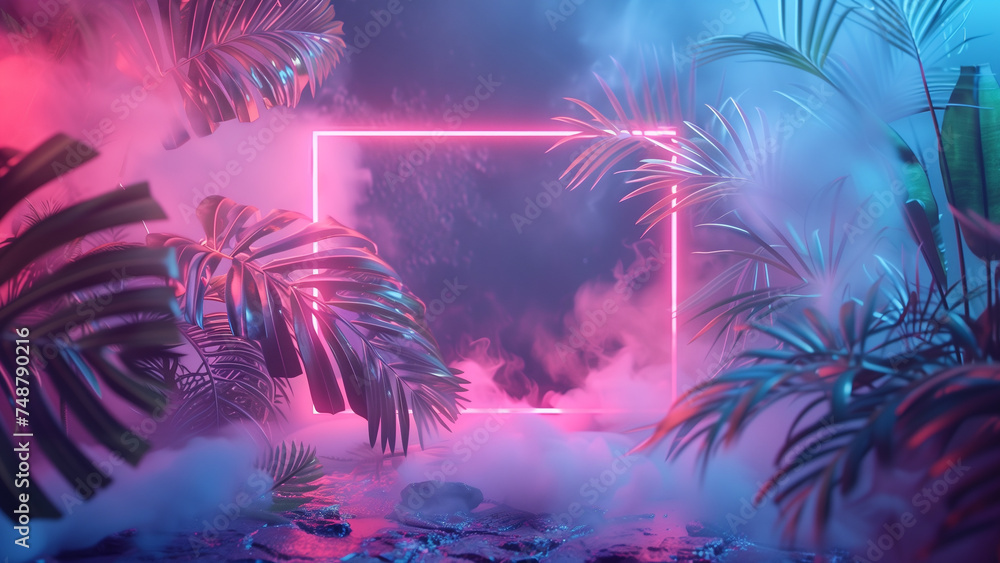 Neon rectangle in misty tropical environment, Cyber aesthetic with palm leaves and fog empty copy space | Generative AI