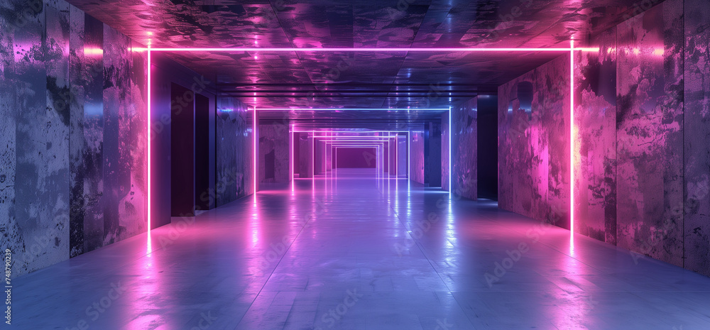 Neon futuristic cyber corridor with reflective floor, Purple and pink future interior design empty space | Generative AI
