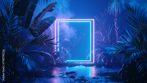 Neon portal frame in tropical jungle with empty copy space, Surreal night scene with glowing element background   Generative AI ©  Made with Matcha