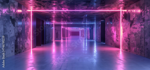 Neon futuristic cyber corridor with reflective floor  Purple and pink future interior design empty space   Generative AI