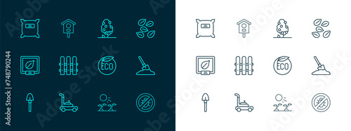 Set line Seeds of specific plant, Lawn mower, Eco healthy food, Plant sprouts grow in the sun, Garden fence wooden, Fruit tree, Pack full seeds and Bird house icon. Vector