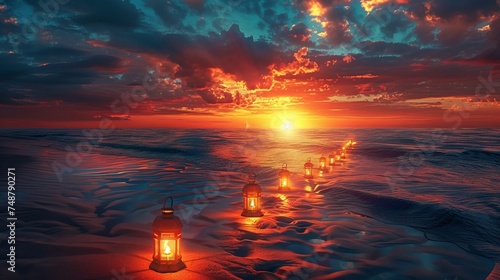 a row of ornate lanterns floating on a calm sea, under a breathtaking twilight sky ablaze with crimson and orange hues