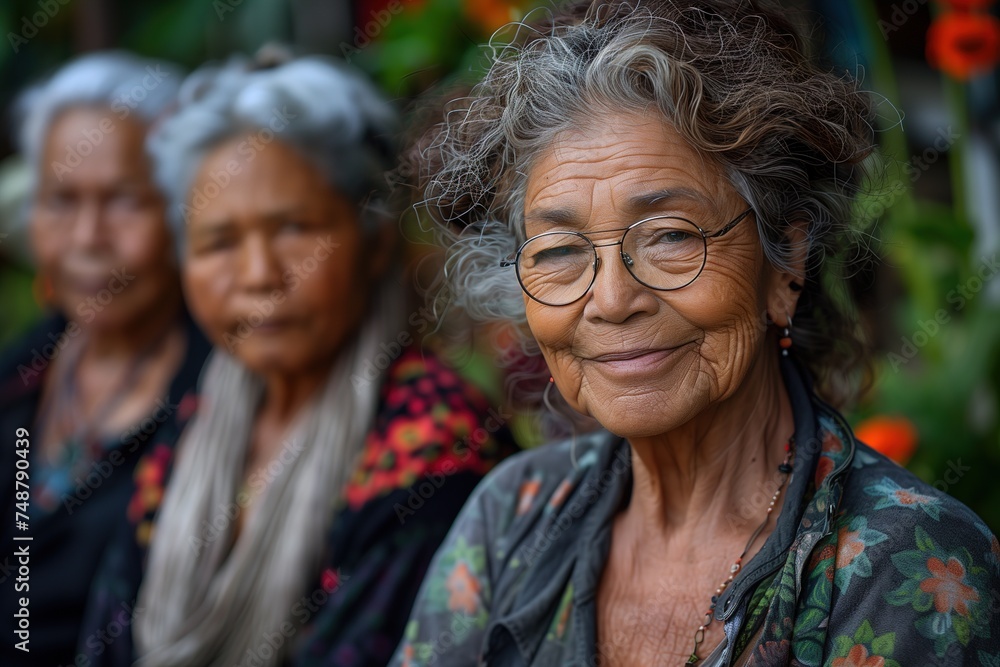 Three senior friends with cheerful expressions posing outdoors in a relaxed environment Three senior friends with cheerful expressions posing outdoors in a relaxed environment