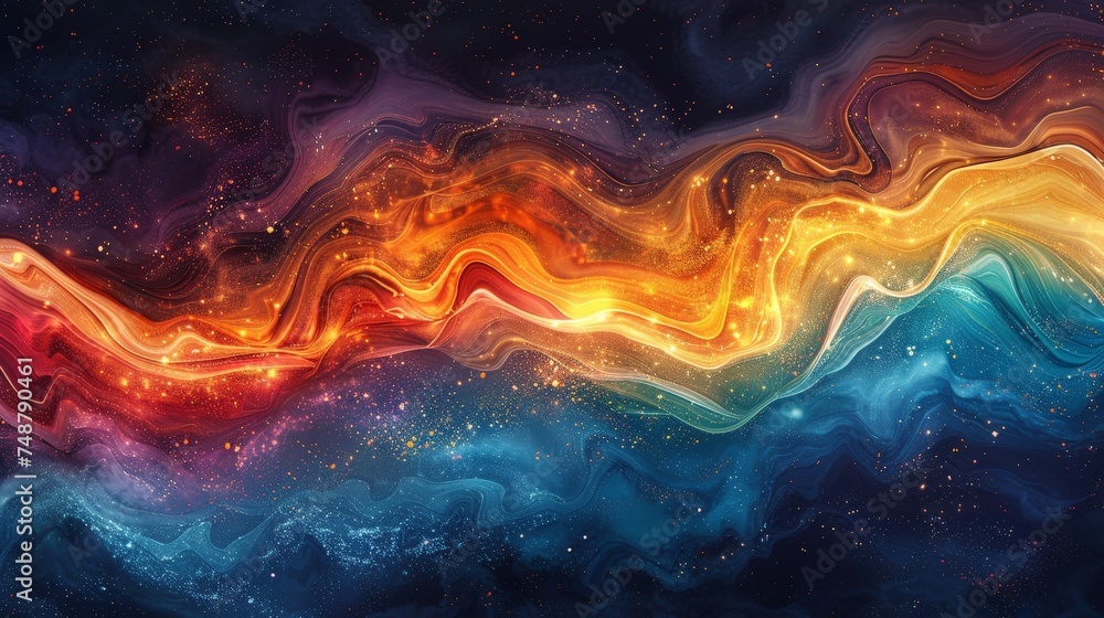 A mesmerizing abstract image with waves of liquid colors in motion, combining warm and cool tones to create a dynamic visual experience. - obrazy, fototapety, plakaty 