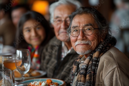 An elder man with glasses and a warm scarf happily posing with family members during a meal