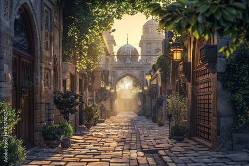A background of an ancient city at dawn during Ramadan  with the first light of day illuminating historic architecture and cobblestone streets.