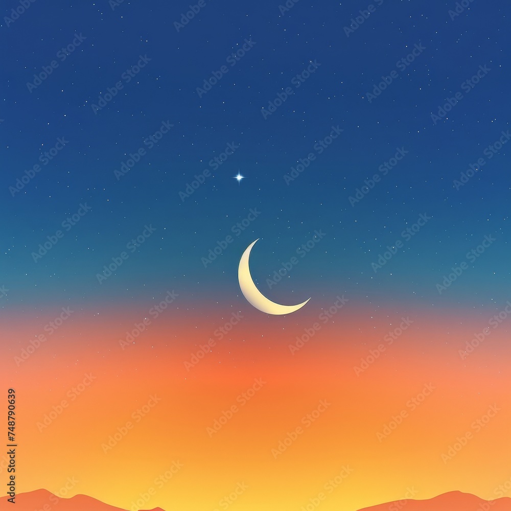 Minimalist design of a crescent moon hanging over a gradient sunset sky transitioning from warm orange to a deep blue studded with the first star of the evening Minimalist design of a crescent moon hanging over a gradient sunset sky transitioning from warm orange to a deep blue studded with the first star of the evening
