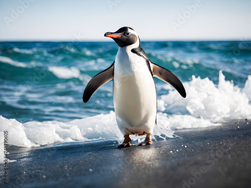 A black and white penguin stands on the rocky Antarctic beach