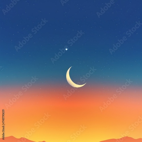 Minimalist design of a crescent moon hanging over a gradient sunset sky transitioning from warm orange to a deep blue studded with the first star of the evening