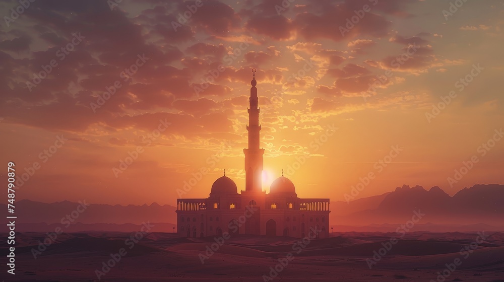 a mosque silhouette against a captivating sunset in the desert, creating a peaceful and spiritual atmosphere.