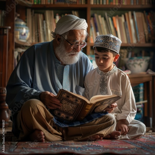 A touching moment of a grandfather teaching his grandson to read the Quran during Ramadan, surrounded by the peaceful ambiance of their family home