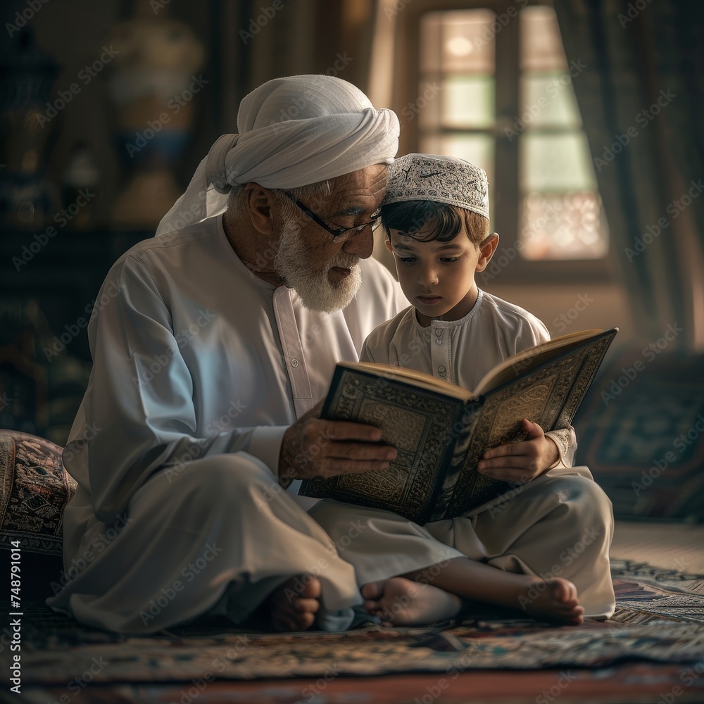 A touching moment of a grandfather teaching his grandson to read the Quran during Ramadan, surrounded by the peaceful ambiance of their family home A touching moment of a grandfather teaching his grandson to read the Quran during Ramadan, surrounded by the peaceful ambiance of their family home