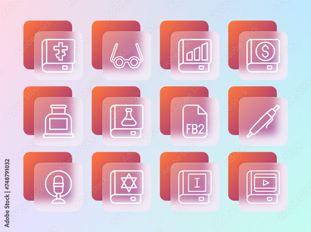 Set line Financial book, Jewish torah, FB2 File, Book, Chemistry, Holy bible and Glasses icon. Vector Set line Financial book, Jewish torah, FB2 File, Book, Chemistry, Holy bible and Glasses icon. Vector