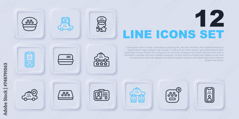 Set line Taxi mobile app, driver license, Credit card, service rating, roof, and icon. Vector Set line Taxi mobile app, driver license, Credit card, service rating, roof, and icon. Vector