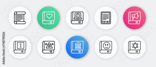 Set line Law book, Book, E-Book reader, User manual, Jewish torah and Ancient magic icon. Vector