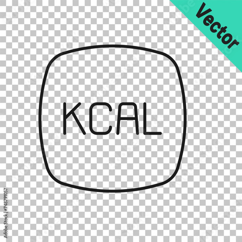 Black line Kcal icon isolated on isolated on transparent background. Health food. Vector