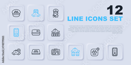 Set line Taxi mobile app, driver license, Credit card, service rating, roof, and icon. Vector