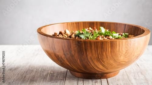 A wooden  bowl of fresh green herbs rests on a wooden table