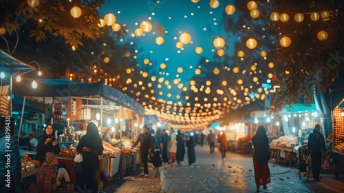 An enchanting night view of a Middle Eastern market, where hanging lanterns cast a magical glow over the lively crowds and diverse array of stalls.