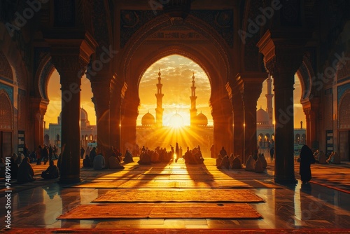 Stunning sunset silhouettes of worshipers at the majestic entrance of a Middle Eastern mosque, reflecting spiritual serenity and architectural beauty.