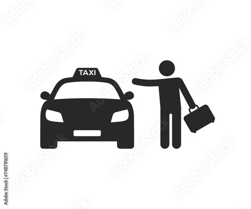Passenger waving taxi with a suitcase. Taxi sign silhouette icon symbol. Person catching taxi vector icon.