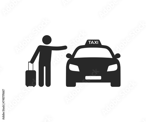Passenger waving taxi with luggage. Taxi sign silhouette icon symbol. Person catching taxi vector icon.