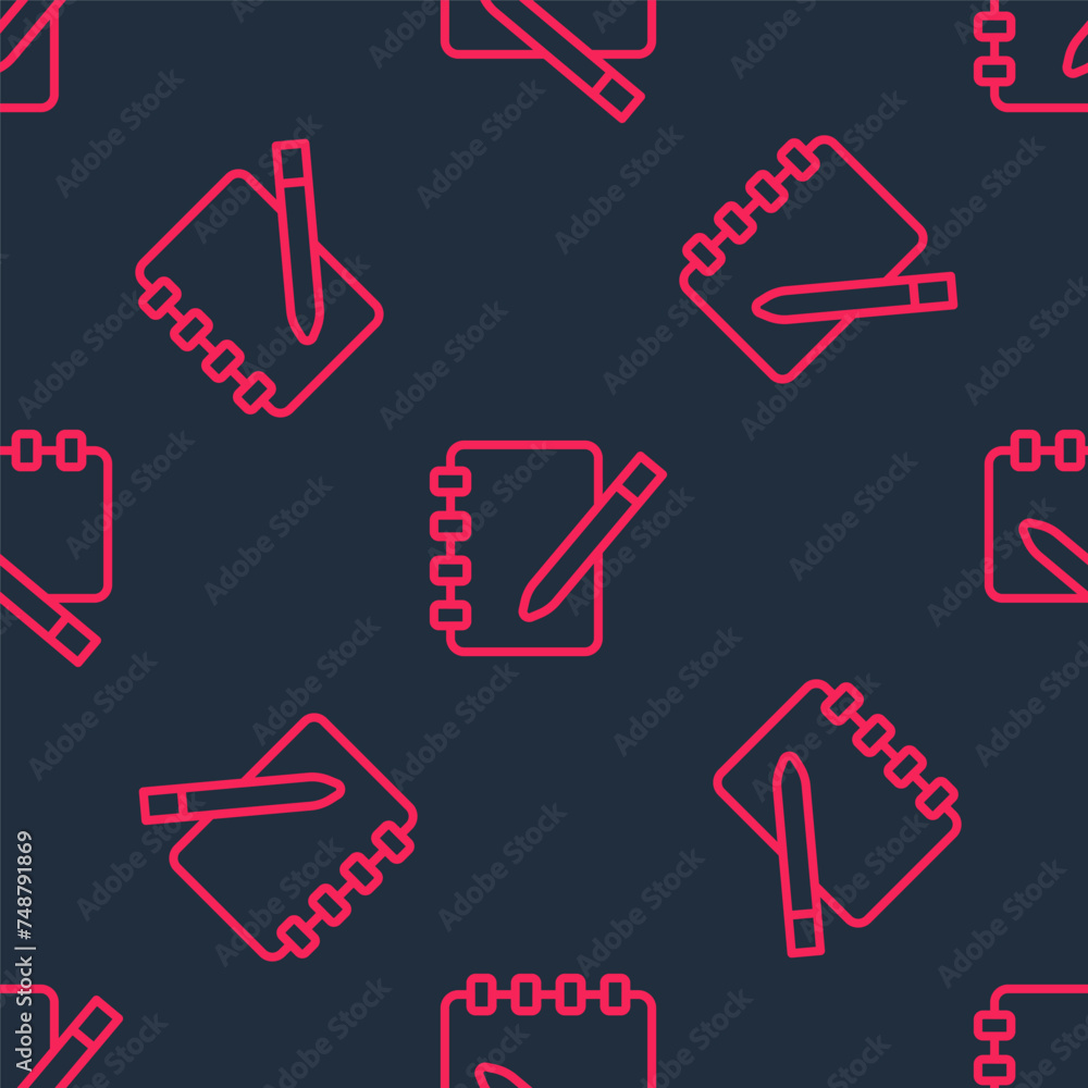 Red line Notebook icon isolated seamless pattern on black background. Spiral notepad icon. School notebook. Writing pad. Diary for school. Vector Red line Notebook icon isolated seamless pattern on black background. Spiral notepad icon. School notebook. Writing pad. Diary for school. Vector