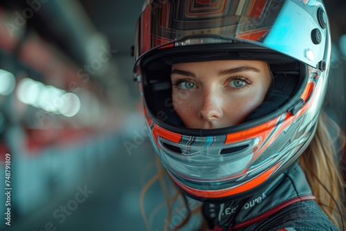 Female motorsport racer in racing attire, with a blurred garage backdrop.