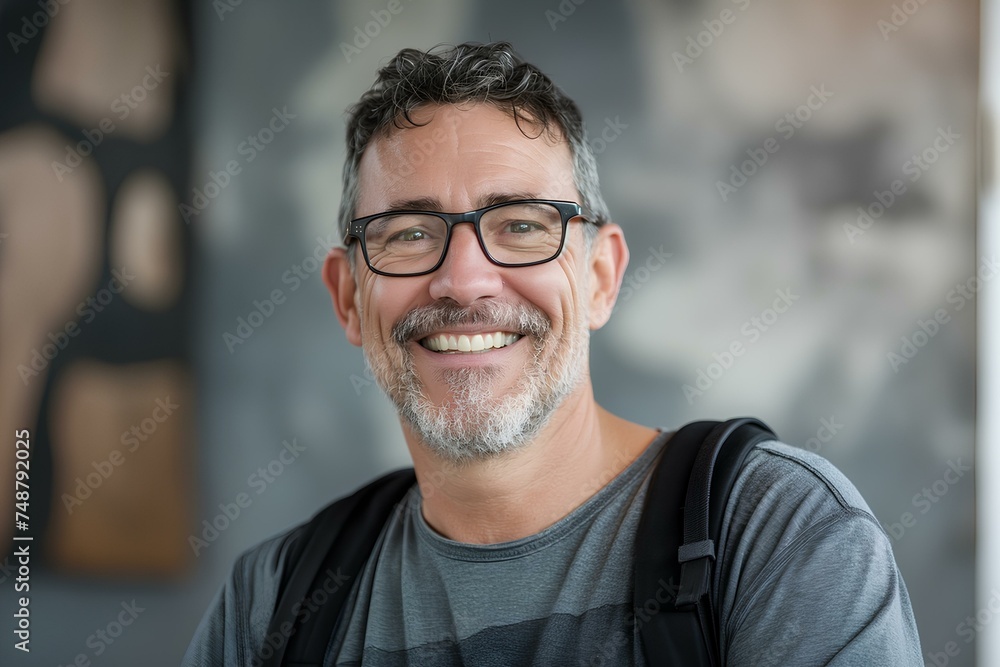 middle-aged man wearing glasses smiles and looks at camera, in the style of modern urban. generative AI middle-aged man wearing glasses smiles and looks at camera, in the style of modern urban. generative AI