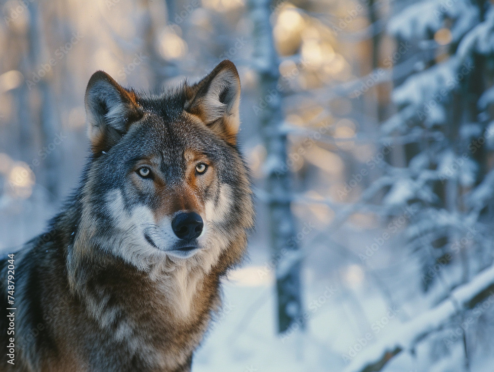 Intense Gaze of a Wolf in Winter