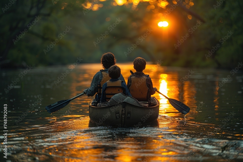 A family shares a moment of bonding as they canoe together on a river kissed by the golden sunset light
