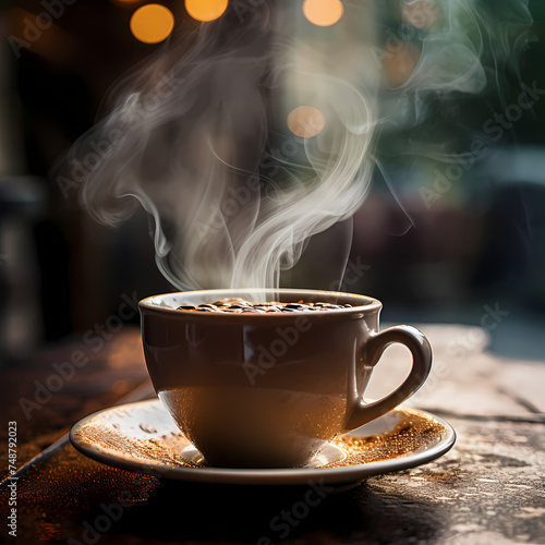 A close-up of a cup of steaming coffee on a rainy day