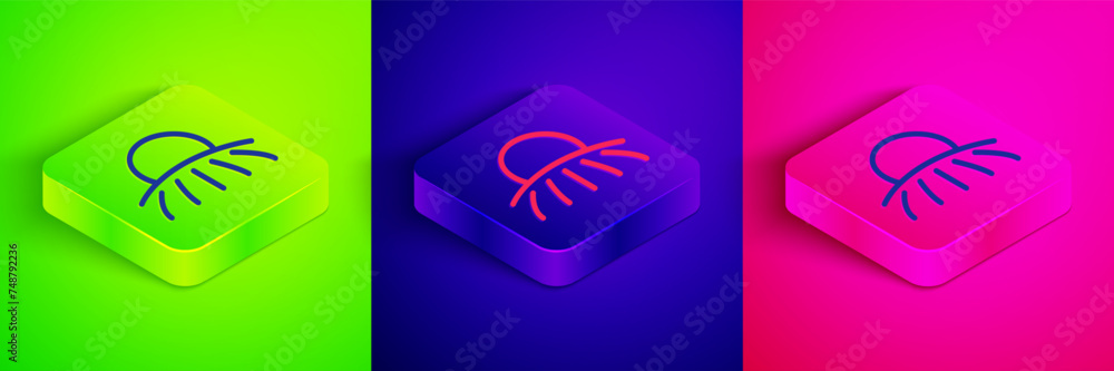 Isometric line Sunrise icon isolated on green, blue and pink background. Square button. Vector Isometric line Sunrise icon isolated on green, blue and pink background. Square button. Vector
