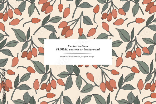 Vintage card with rose hip berries. Floral wreath. Flower frame for flower shop with label designs. Summer floral greeting card. Flowers background for cosmetics packaging