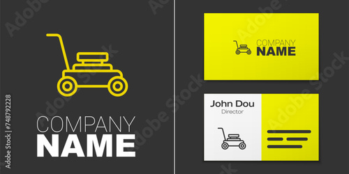 Logotype line Lawn mower icon isolated on grey background. Lawn mower cutting grass. Logo design template element. Vector
