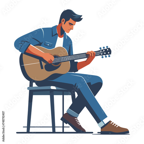 Musician man playing guitar acoustic vector illustration, male guitarist performing music, String instrument player design template isolated on white background