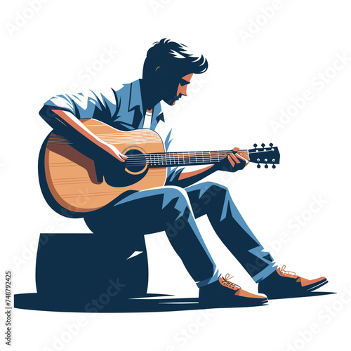 Musician man playing guitar acoustic vector illustration, male guitarist performing music, String instrument player design template isolated on white background
