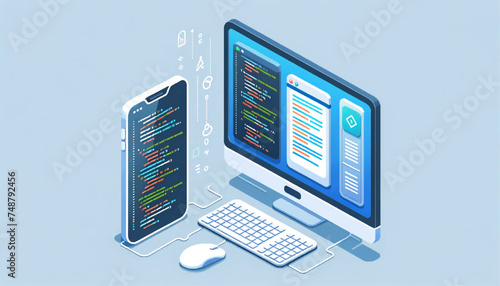  flat vector illustration of a smartphone and a computer coding app