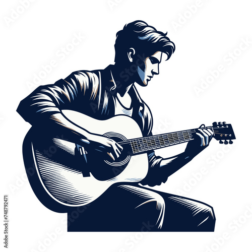 Musician man playing guitar acoustic vector illustration, male guitarist performing music, String instrument player design template isolated on white background