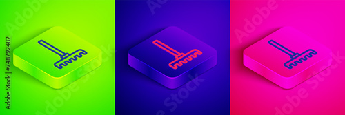 Isometric line Garden rake icon isolated on green, blue and pink background. Tool for horticulture, agriculture, farming. Ground cultivator. Housekeeping equipment. Square button. Vector