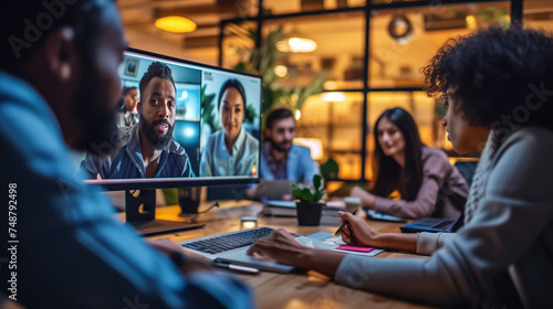 A diverse team engages in a virtual meeting with remote partners.