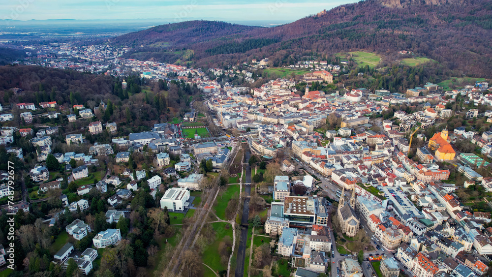Aerial view of the old town of Baden-Baden in the winter on a sunny afternoon