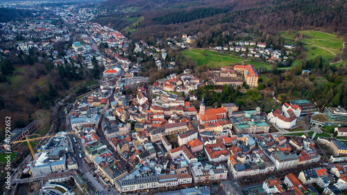 Aerial view of the old town of Baden-Baden in the winter on a sunny afternoon