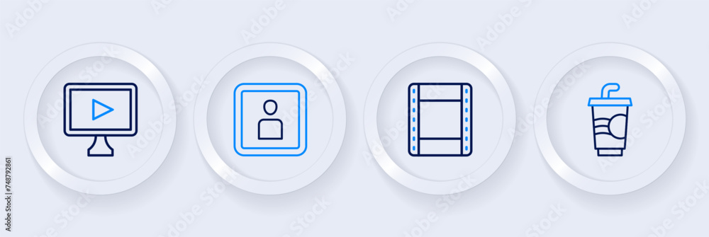Set line Paper glass with water, Play video, Video and Online play icon. Vector Set line Paper glass with water, Play video, Video and Online play icon. Vector