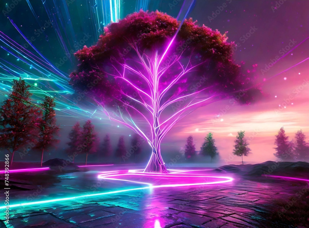 Enlighted tree with neon light glow. Futuristic and science fiction wallpaper.