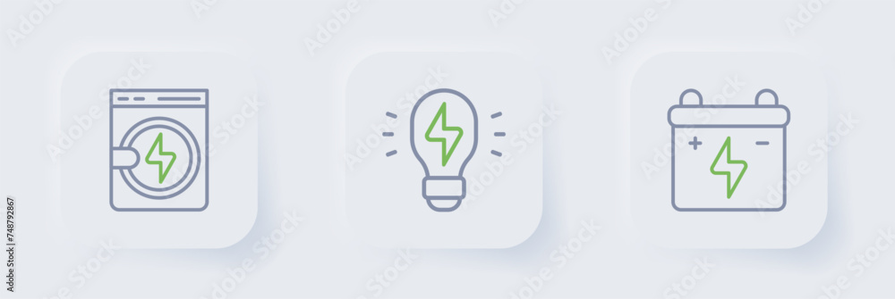 Set line Car battery, Creative lamp light idea and Washer icon. Vector Set line Car battery, Creative lamp light idea and Washer icon. Vector