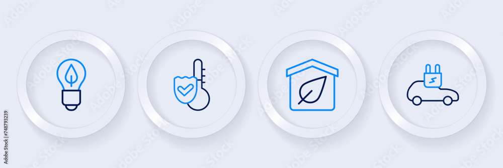 Set line Electric car, Eco friendly house, Thermometer and Light bulb with leaf icon. Vector Set line Electric car, Eco friendly house, Thermometer and Light bulb with leaf icon. Vector