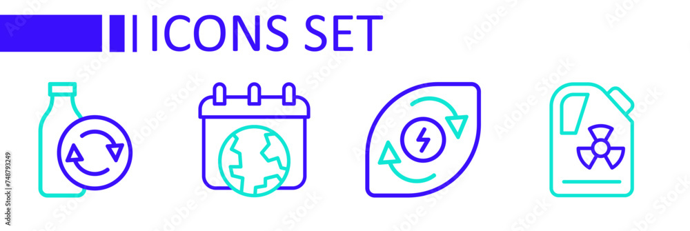 Set line Radioactive waste in barrel, Water energy, World Earth day and Recycling plastic bottle icon. Vector