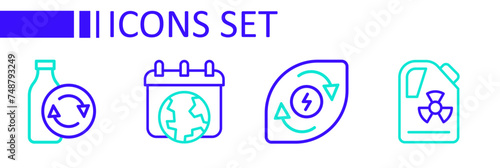 Set line Radioactive waste in barrel, Water energy, World Earth day and Recycling plastic bottle icon. Vector