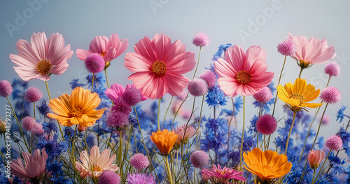 Bouquet of wildflowers in a burst of purple  pink  and yellow  contrasted against a clean white background. Image generated by AI